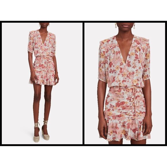 💕VERONICA BEARD💕 Dakota Ruched Silk Dress ~ Melon Metallic Floral Print 12 NWT - Picture 1 of 16